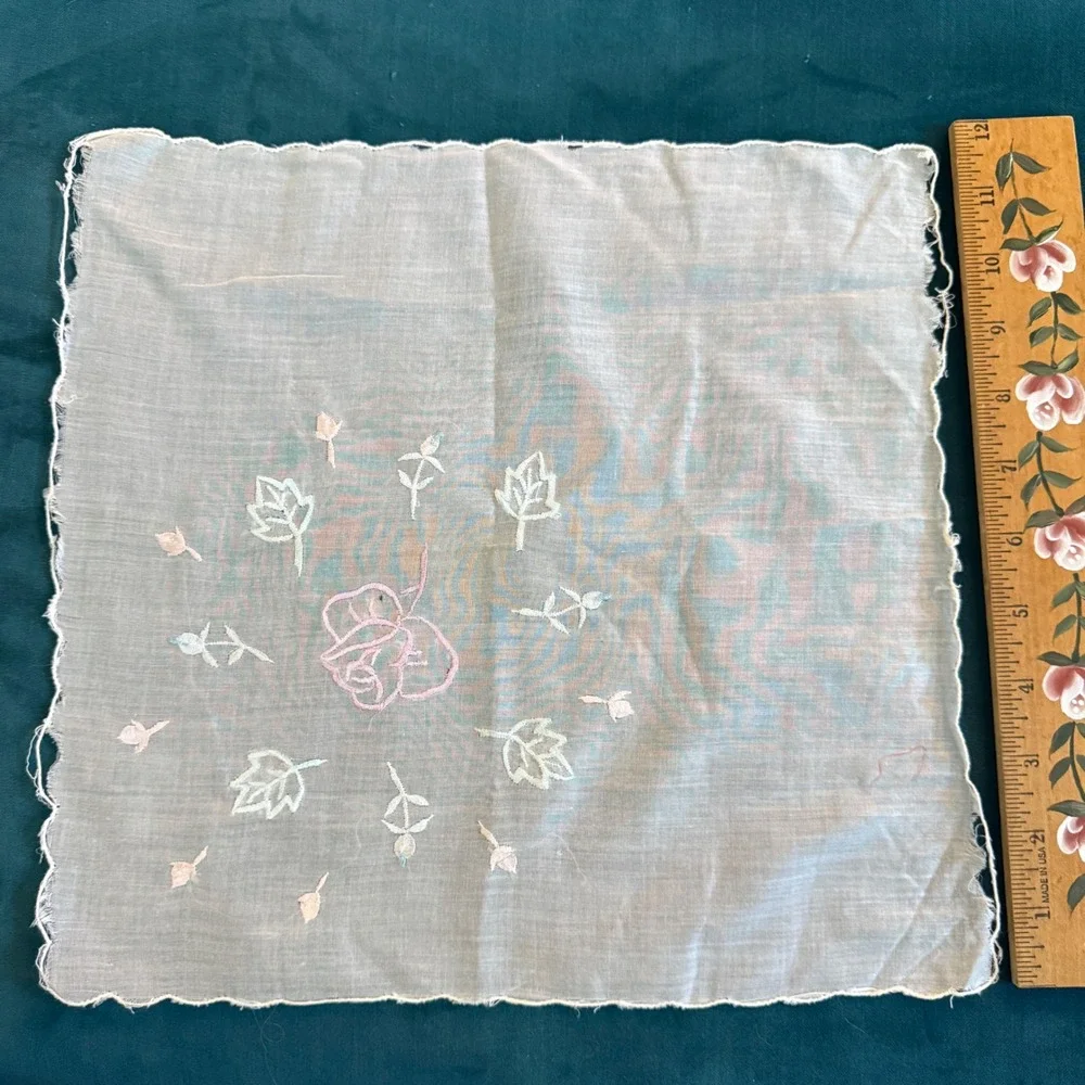 Vintage Handkerchief Embroidered Floral Lace Trim Cotton Linen Blend Set‎ of 2